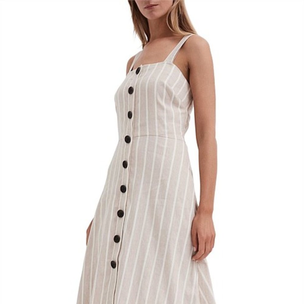 WITCHERY Linen blend Neutral Beige White Stripe Button Midi Dress NWT RRP$160 - Picture 5 of 16
